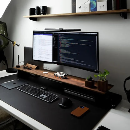 Dark walnut wood computer monitor stand shelf