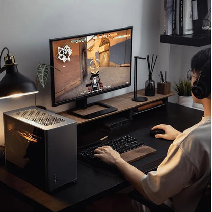 Dark walnut wood computer monitor stand shelf